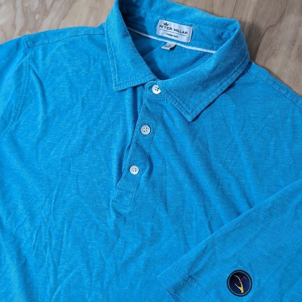 Peter Millar Crown Soft Polo Shirt Mens Large Solid Blue Cotton Silk Blend Golf